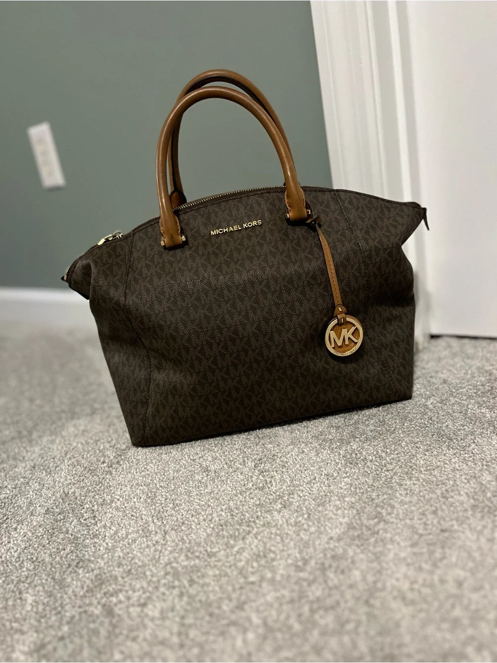 Michael Kors Brown and Tan Logo Satchel with Gold Hardware